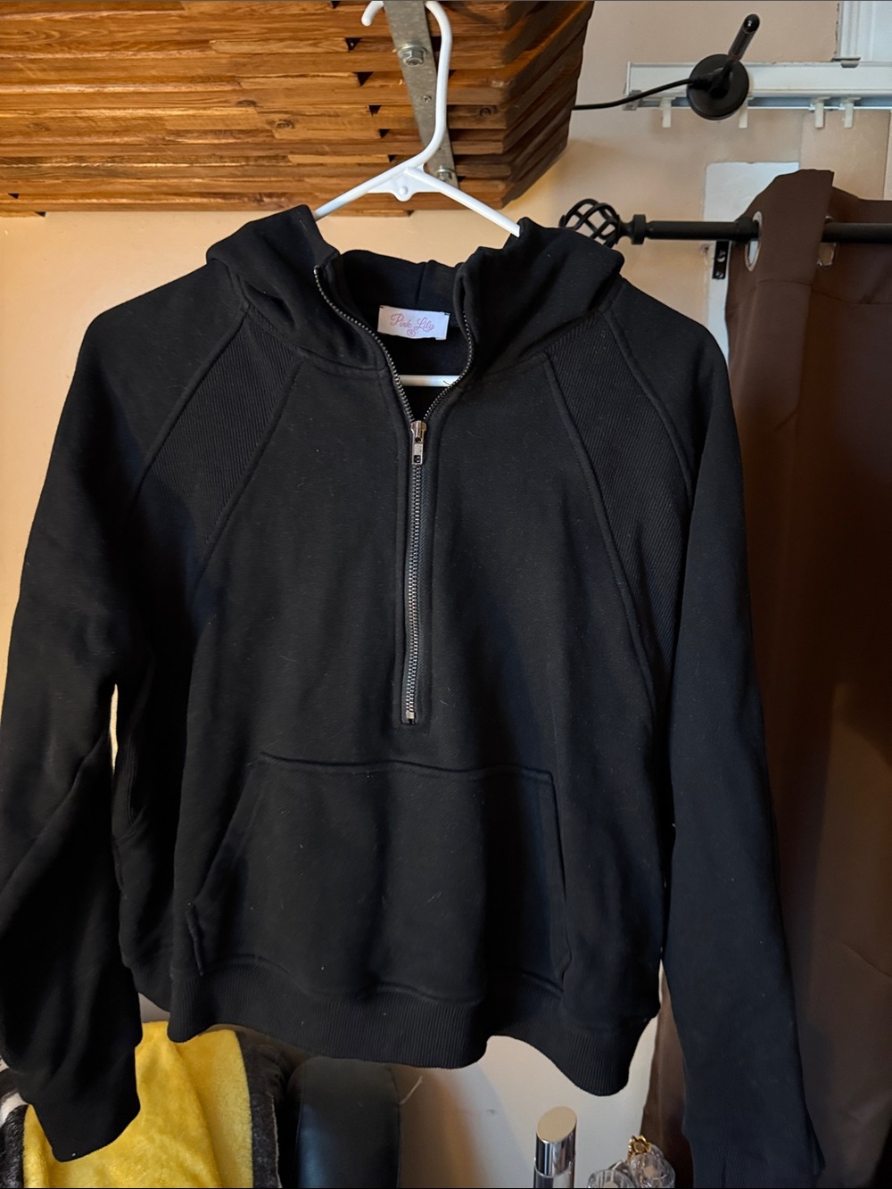Black Half-Zip Hooded Pullover Sweatshirt by Pink Lily